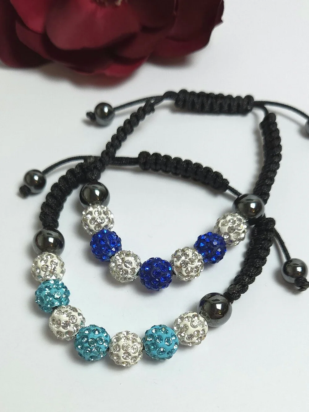 2 Handmade Shamballa Crystal Beaded Macrame Bracelets Light & Dark Blue